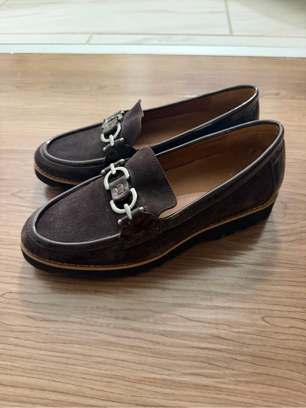 Donald J. Pliner Brown Suede Loafers with Patent Leather Detail | Size 8